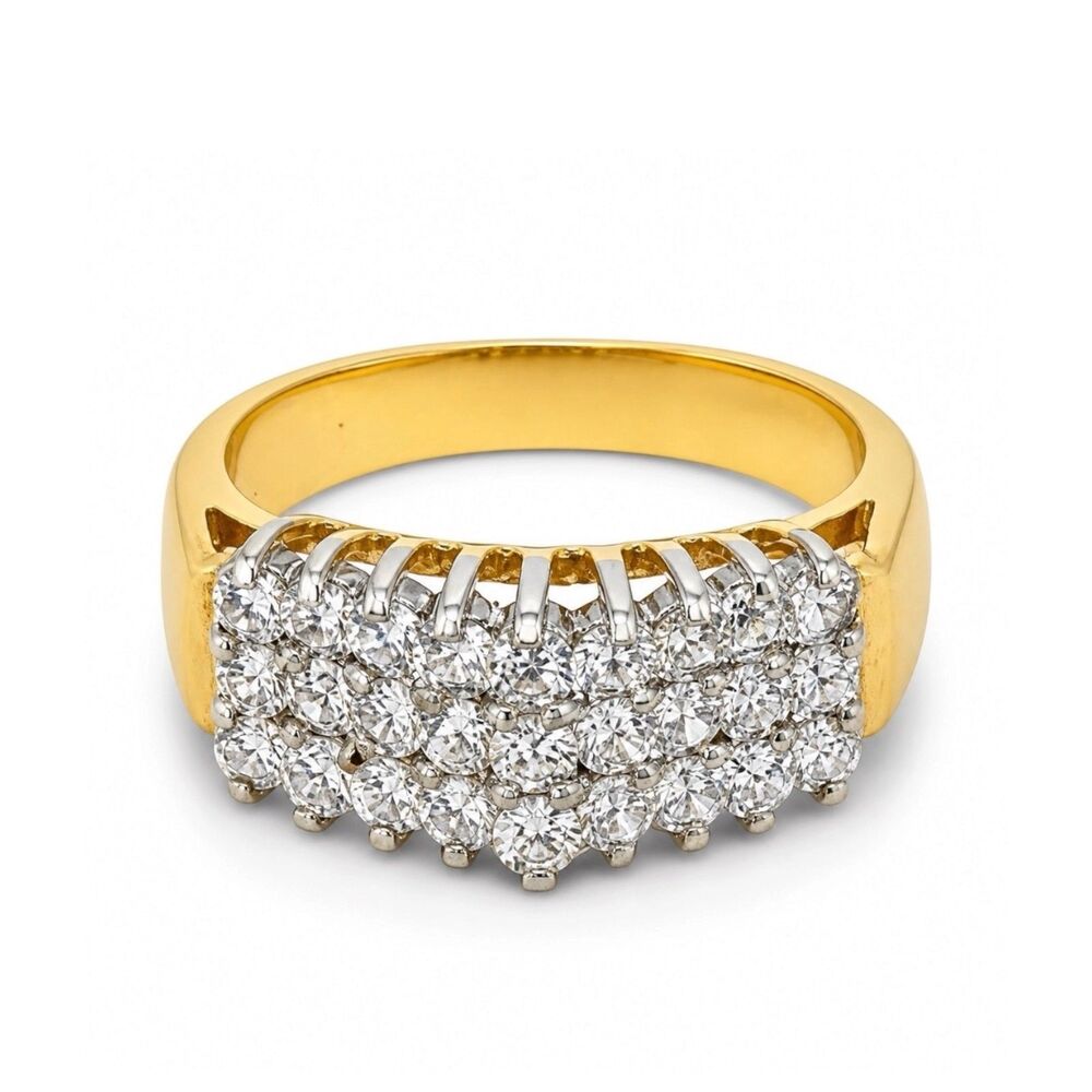 Vintage 1980s Ring Size 9 CZ Cluster Three Row Prong Set Gold Plated - 14M